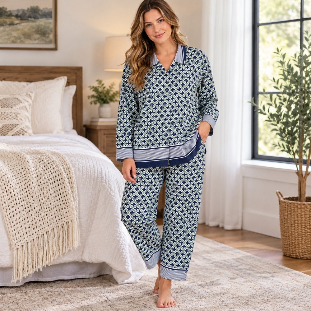 Nautica Women Pajama Set Green Navy Geometric Linen Blend Button Front Large NEW